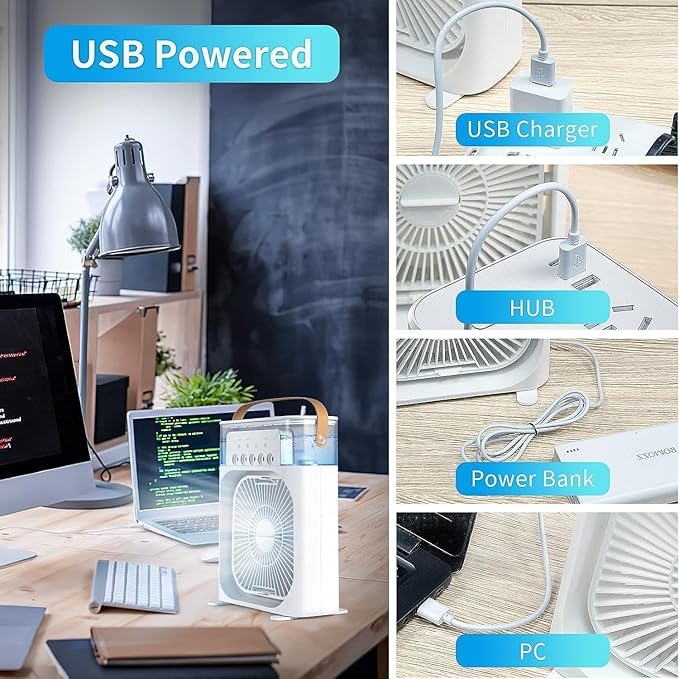 Portable Mist‑Cooling USB Fan |3‑in‑1 Humidifier + Air‑Cooler